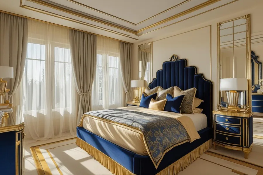 kamar tidur mewah maskulin dengan kombinasi biru navy dan emas