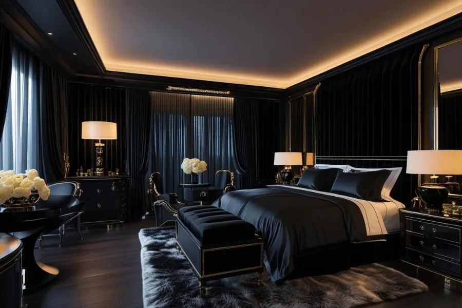 kamar tidur mewah dengan dominasi warna hitam yang elegan dan hangat