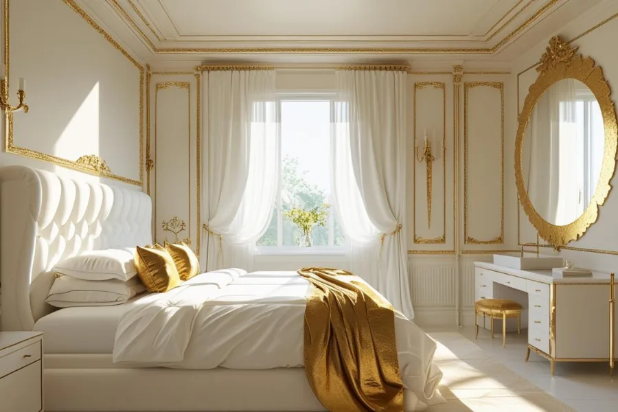 kamar tidur mewah dengan palet emas dan putih bernuansa royal
