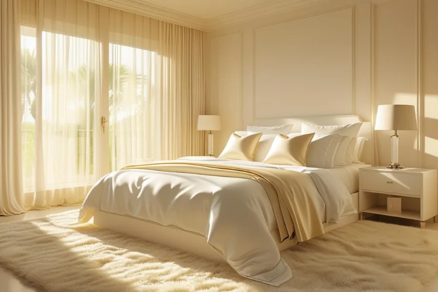 kamar tidur mewah dengan kombinasi warna nude dan krem elegan