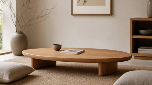 Meja Kayu Minimalis Bentuk Oval Lesehan (Low Coffee Table)
